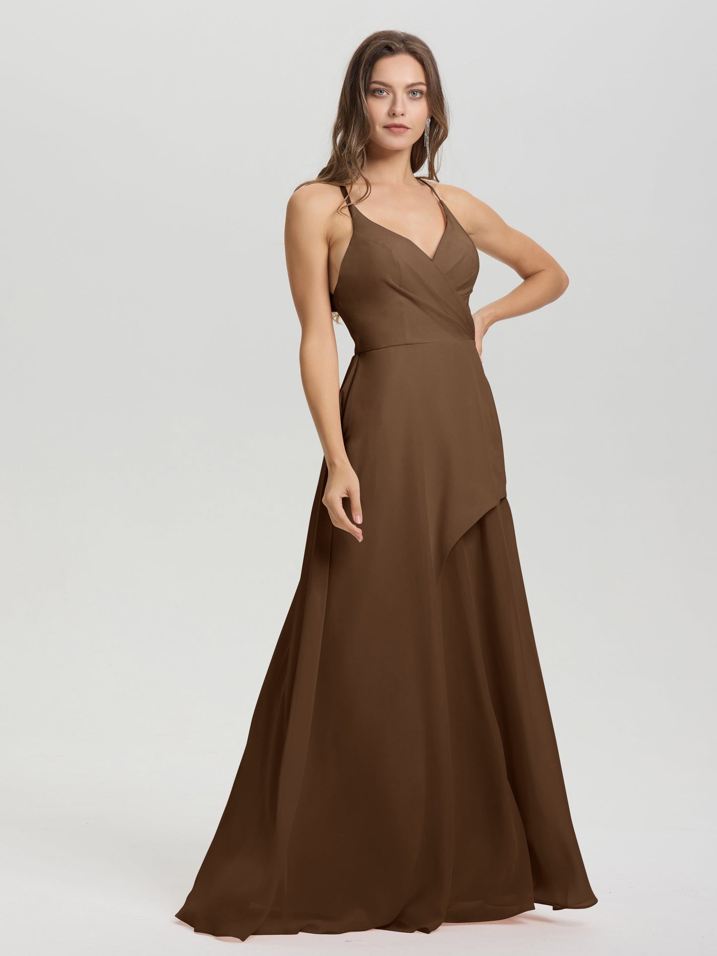 Straps V-Neck Open Back Long Chiffon Formal Bridesmaid Dress