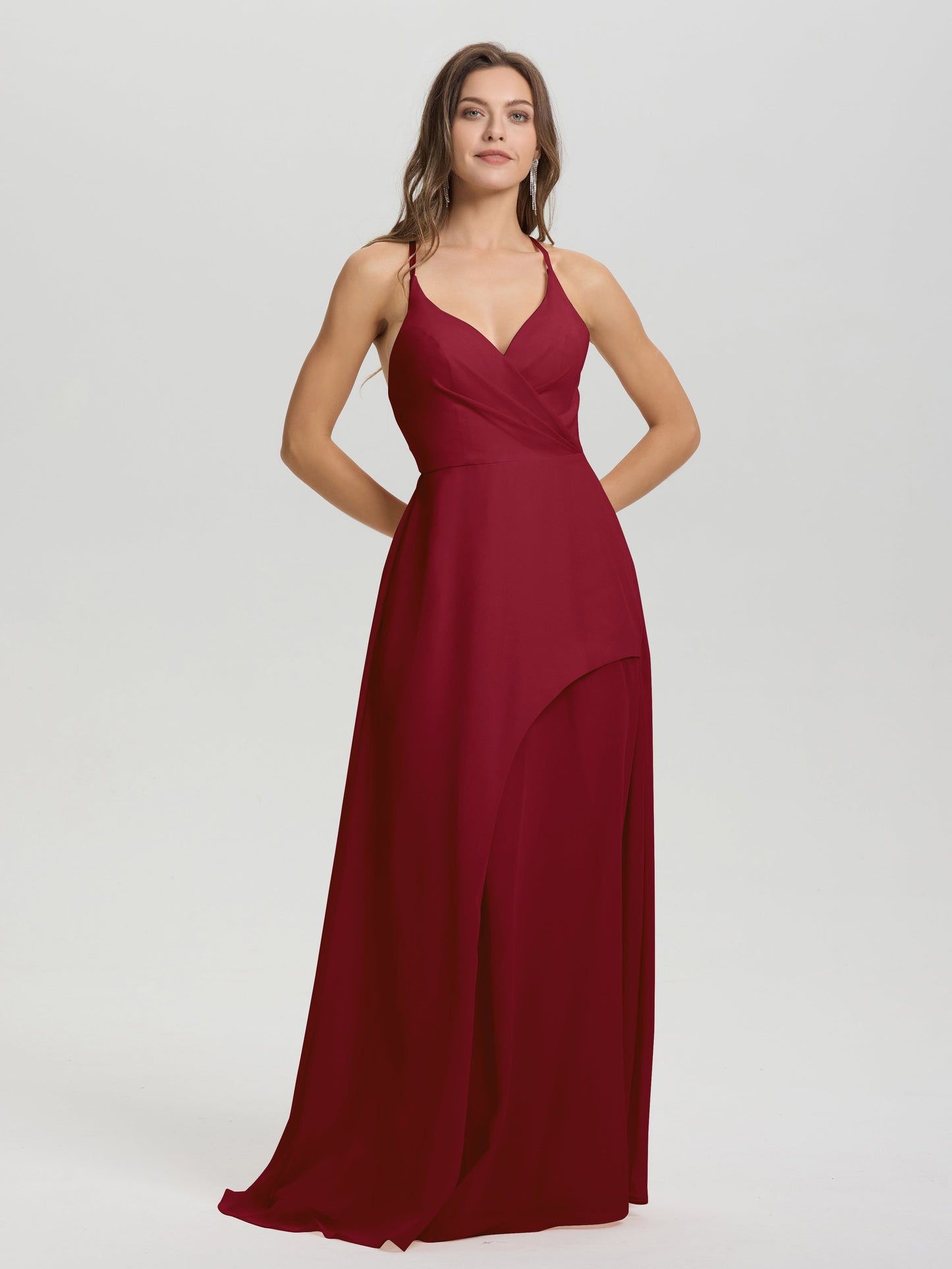 Straps V-Neck Open Back Long Chiffon Formal Bridesmaid Dress