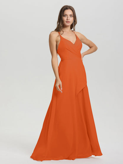 Straps V-Neck Open Back Long Chiffon Formal Bridesmaid Dress