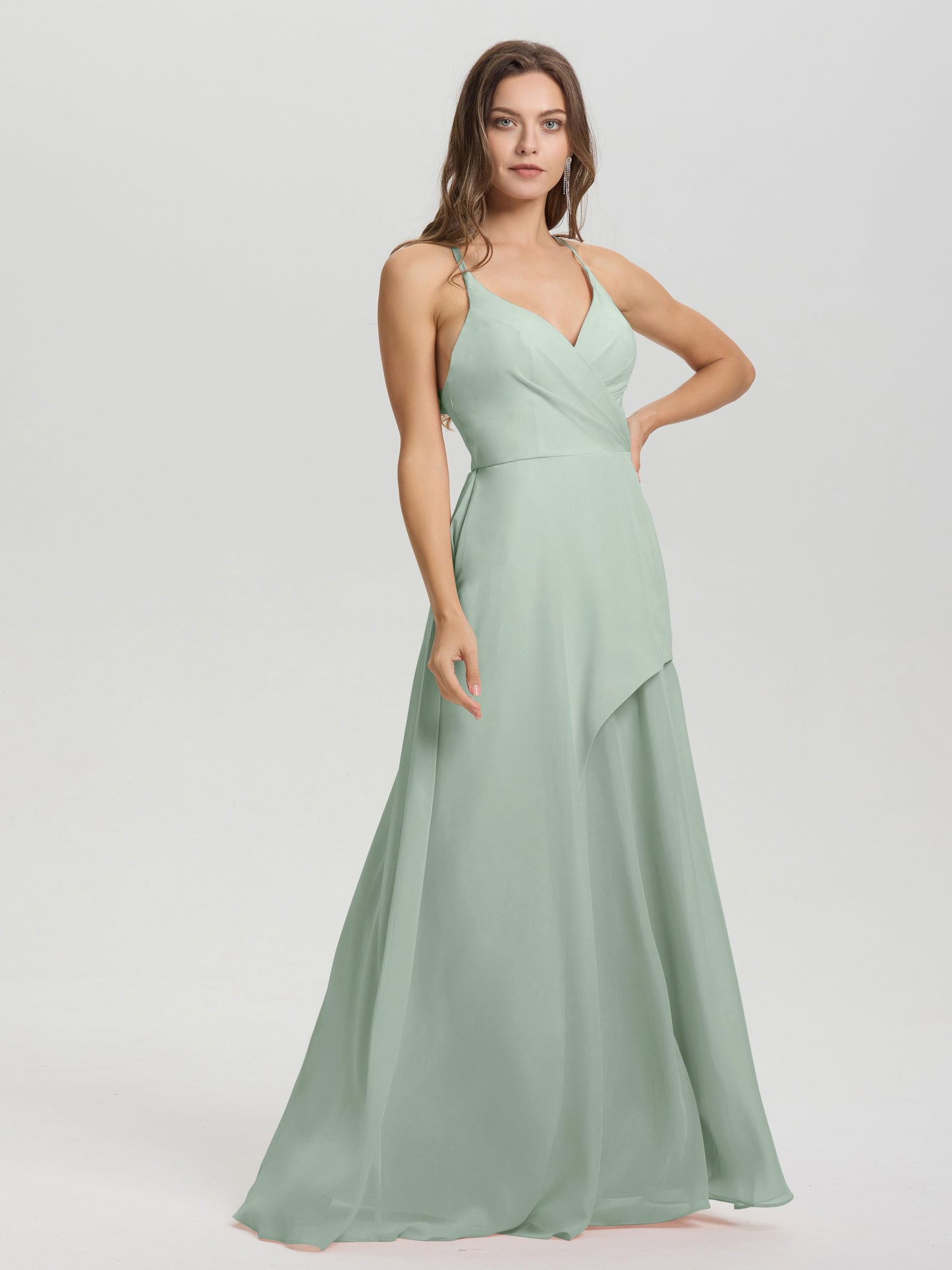Straps V-Neck Open Back Long Chiffon Formal Bridesmaid Dress