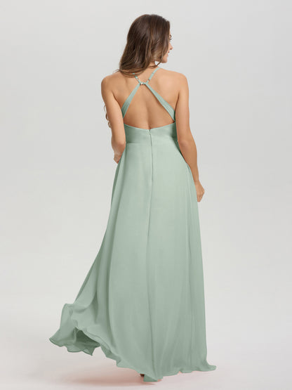 Straps V-Neck Open Back Long Chiffon Formal Bridesmaid Dress