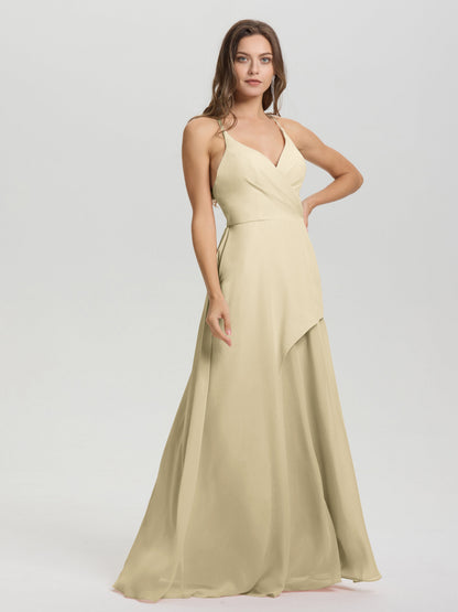 Straps V-Neck Open Back Long Chiffon Formal Bridesmaid Dress