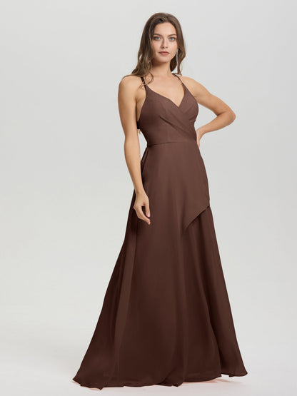 Straps V-Neck Open Back Long Chiffon Formal Bridesmaid Dress