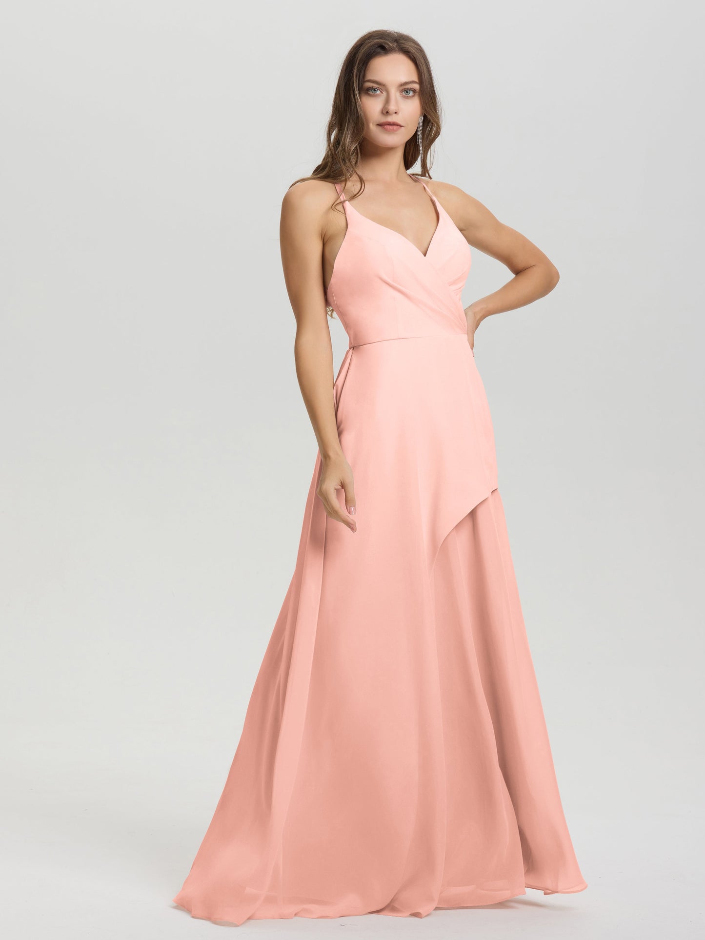 Straps V-Neck Open Back Long Chiffon Formal Bridesmaid Dress