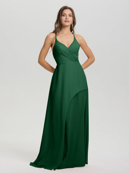 Straps V-Neck Open Back Long Chiffon Formal Bridesmaid Dress