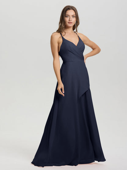 Straps V-Neck Open Back Long Chiffon Formal Bridesmaid Dress