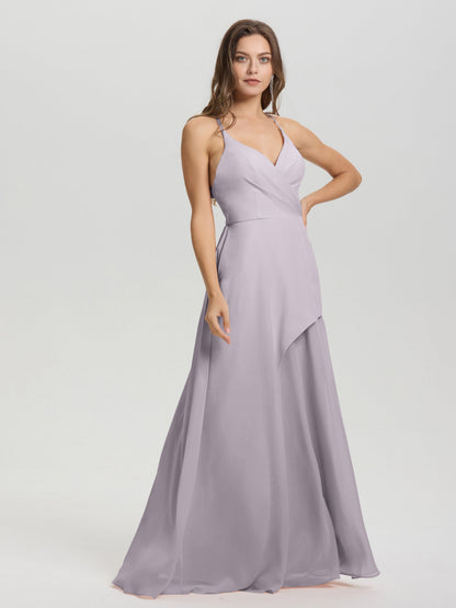 Straps V-Neck Open Back Long Chiffon Formal Bridesmaid Dress