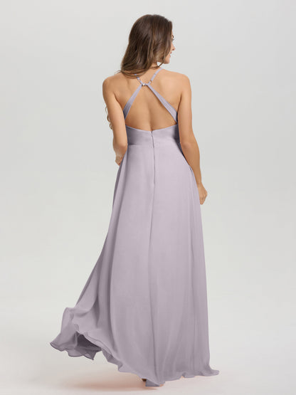 Straps V-Neck Open Back Long Chiffon Formal Bridesmaid Dress