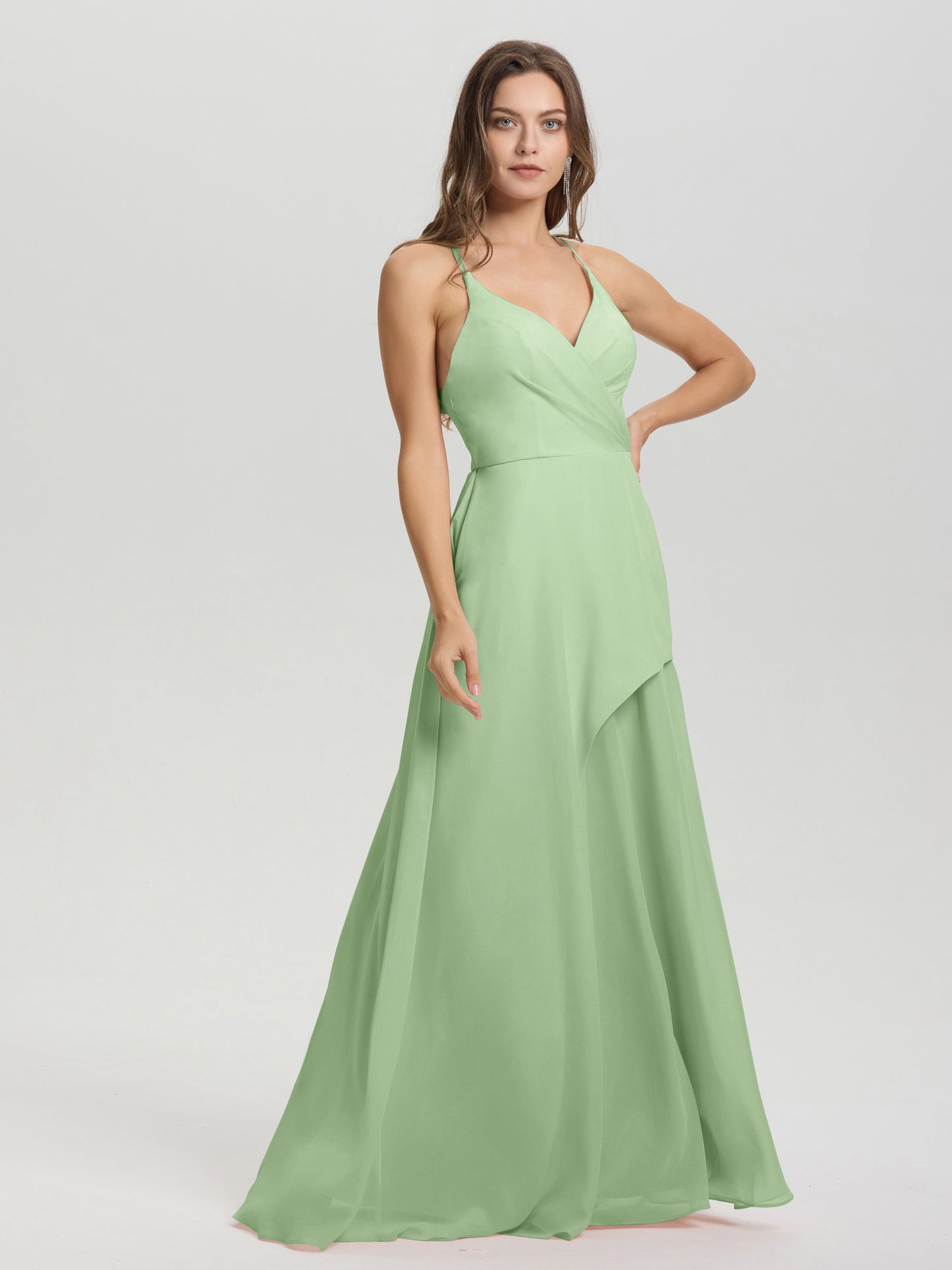 Straps V-Neck Open Back Long Chiffon Formal Bridesmaid Dress