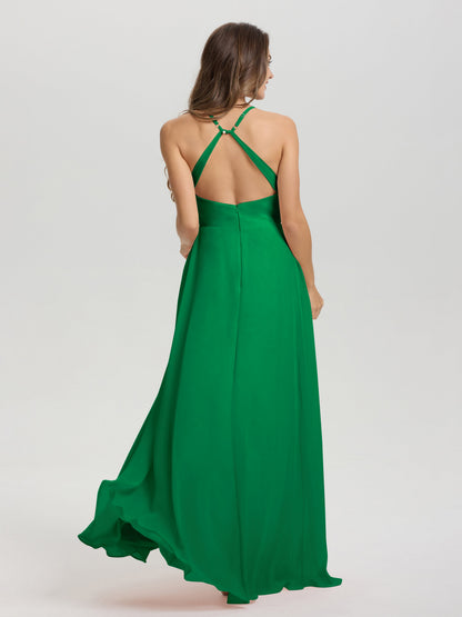 Straps V-Neck Open Back Long Chiffon Formal Bridesmaid Dress
