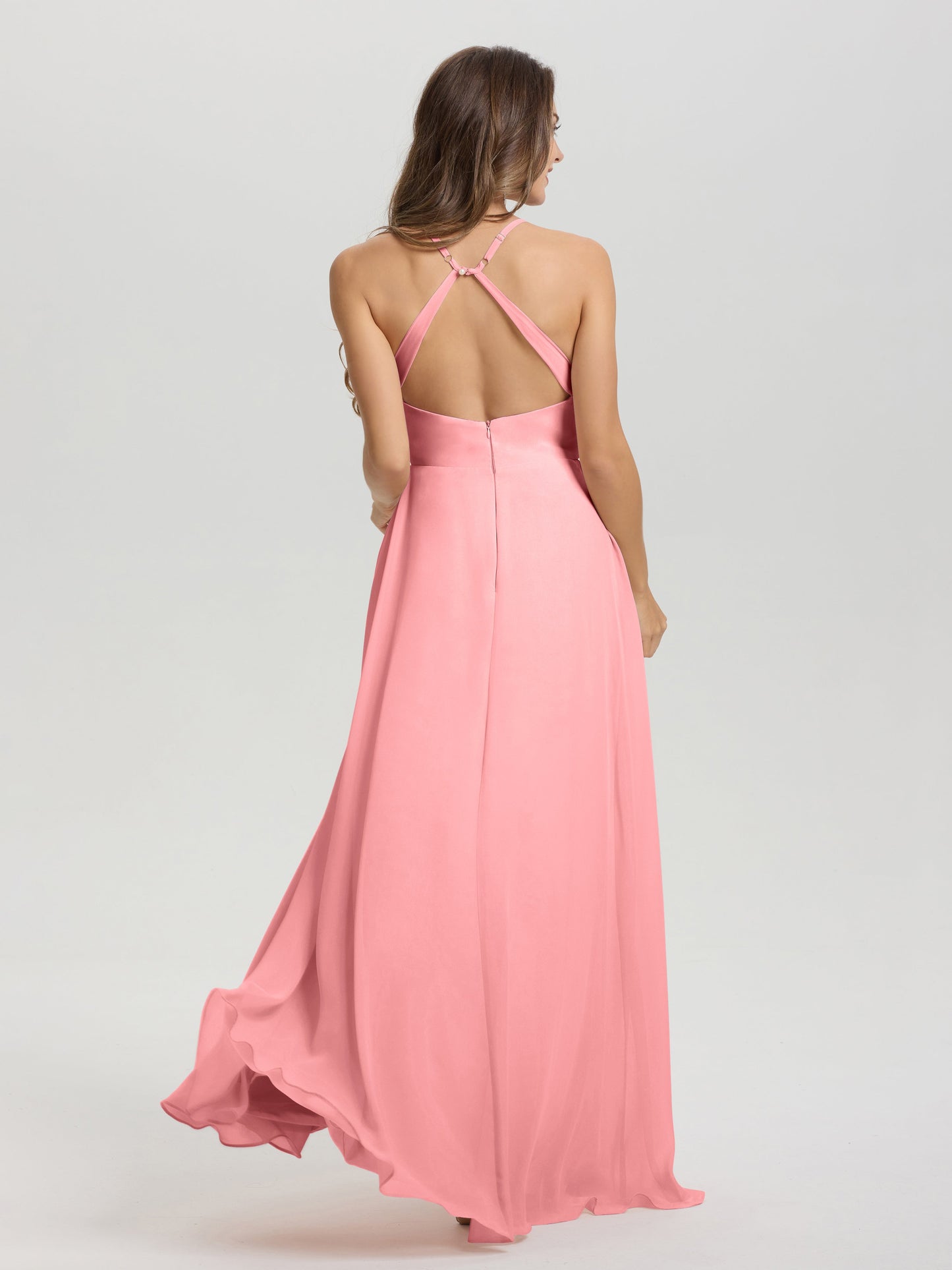 Straps V-Neck Open Back Long Chiffon Formal Bridesmaid Dress