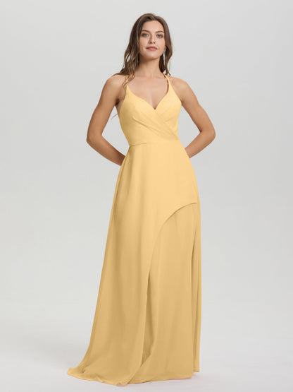 Straps V-Neck Open Back Long Chiffon Formal Bridesmaid Dress