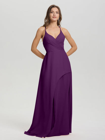 Straps V-Neck Open Back Long Chiffon Formal Bridesmaid Dress