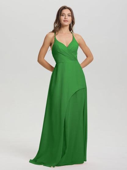 Straps V-Neck Open Back Long Chiffon Formal Bridesmaid Dress