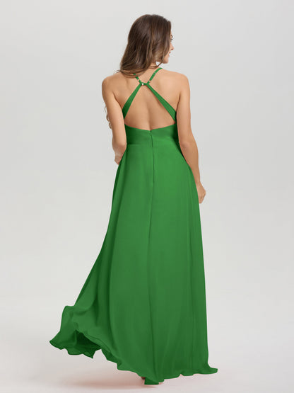 Straps V-Neck Open Back Long Chiffon Formal Bridesmaid Dress