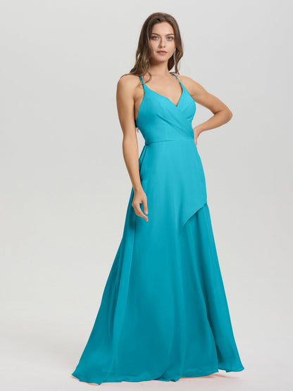 Straps V-Neck Open Back Long Chiffon Formal Bridesmaid Dress
