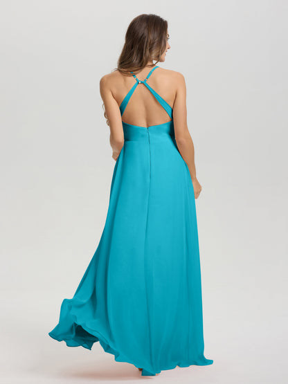Straps V-Neck Open Back Long Chiffon Formal Bridesmaid Dress