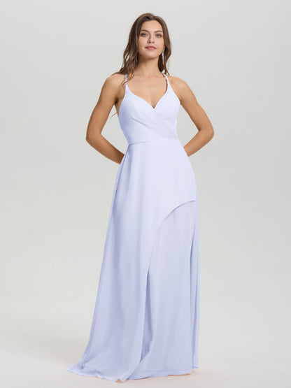 Straps V-Neck Open Back Long Chiffon Formal Bridesmaid Dress