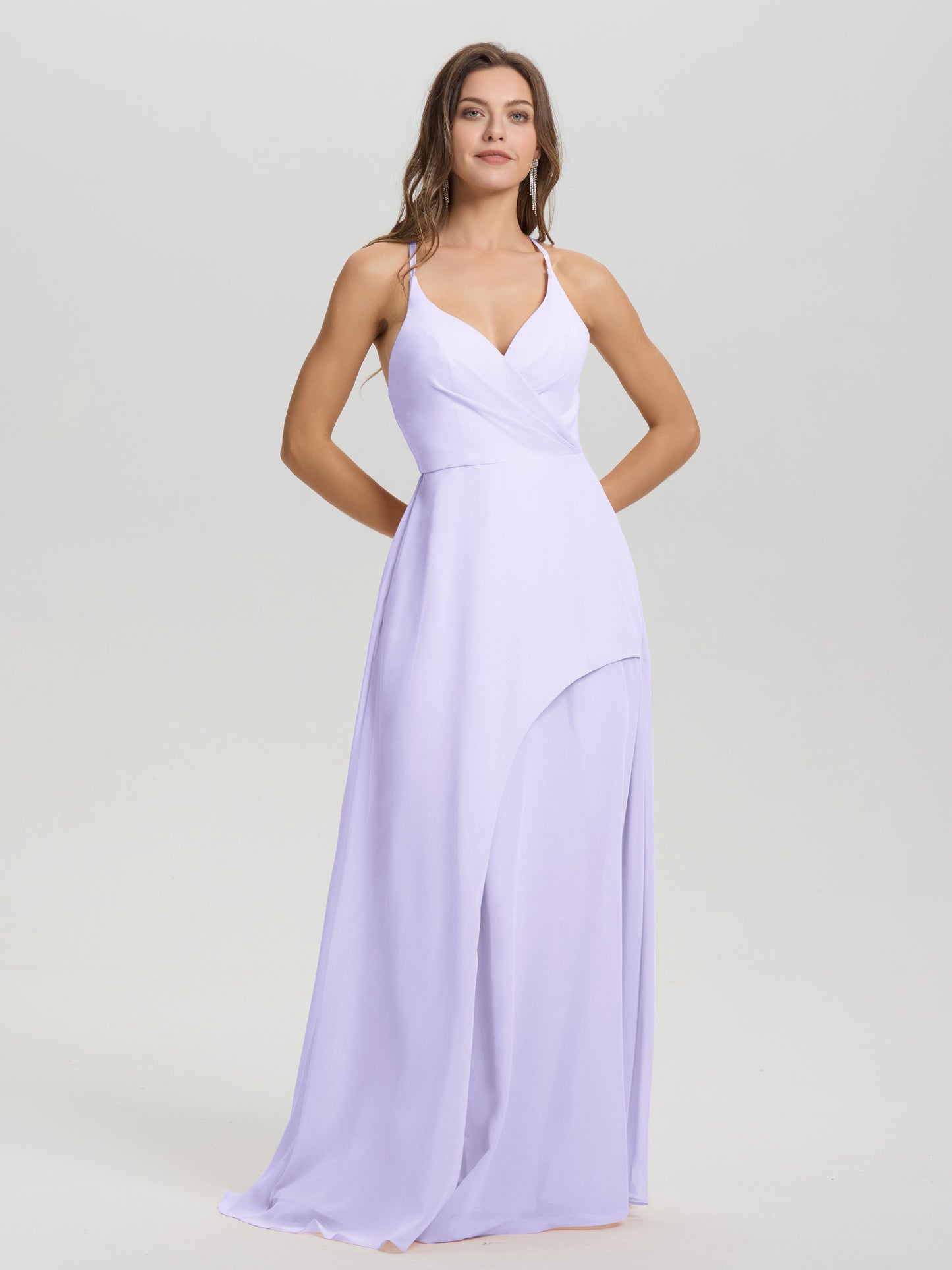 Straps V-Neck Open Back Long Chiffon Formal Bridesmaid Dress