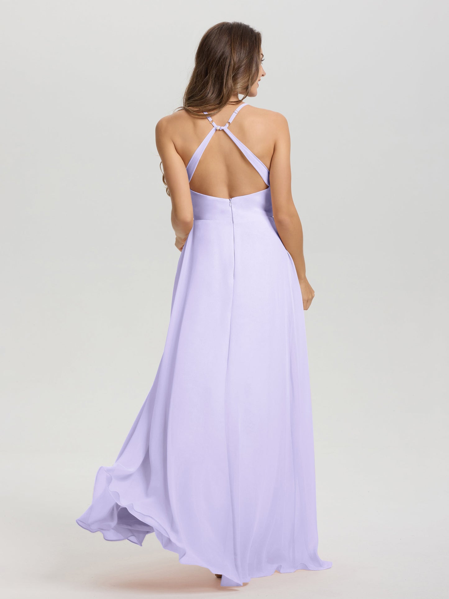 Straps V-Neck Open Back Long Chiffon Formal Bridesmaid Dress