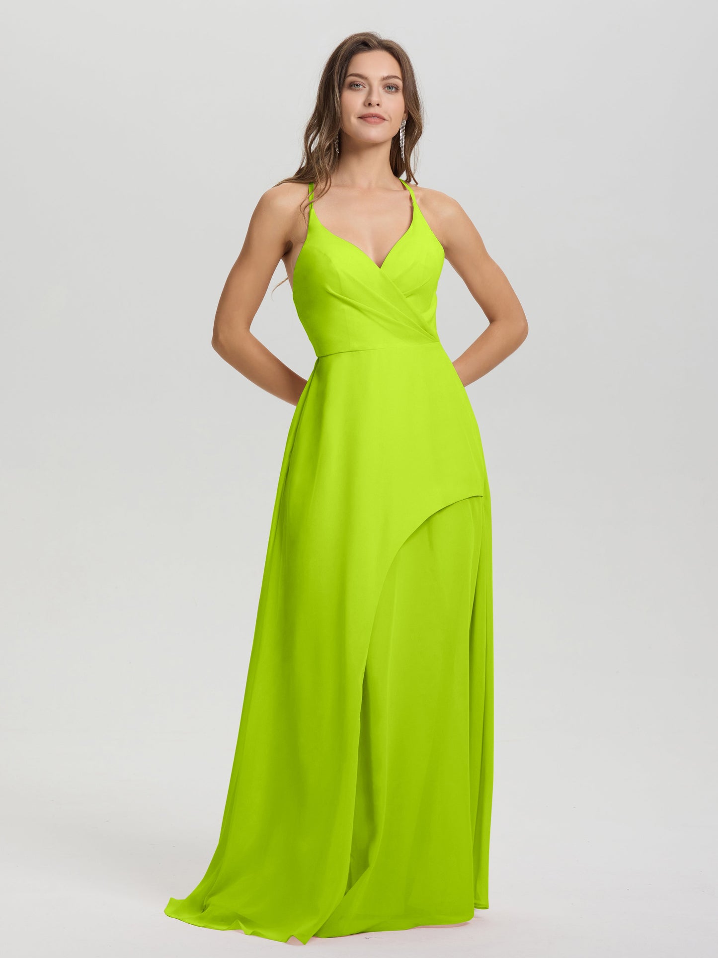Straps V-Neck Open Back Long Chiffon Formal Bridesmaid Dress