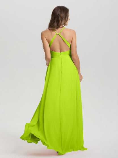 Straps V-Neck Open Back Long Chiffon Formal Bridesmaid Dress