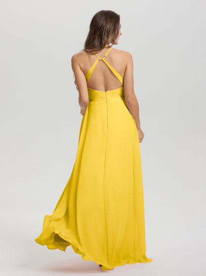 Straps V-Neck Open Back Long Chiffon Formal Bridesmaid Dress