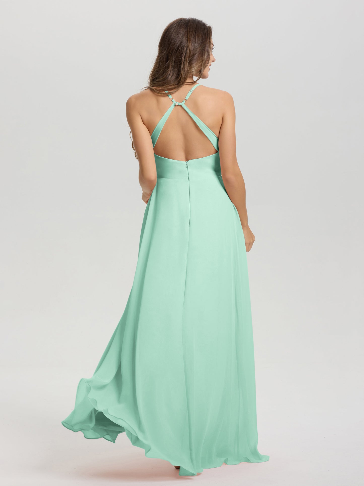 Straps V-Neck Open Back Long Chiffon Formal Bridesmaid Dress