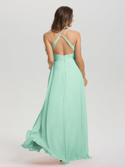 Straps V-Neck Open Back Long Chiffon Formal Bridesmaid Dress