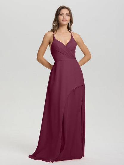 Straps V-Neck Open Back Long Chiffon Formal Bridesmaid Dress