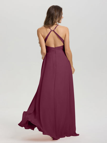 Straps V-Neck Open Back Long Chiffon Formal Bridesmaid Dress