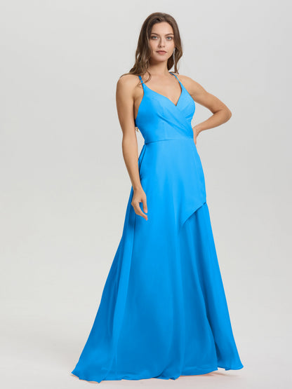Straps V-Neck Open Back Long Chiffon Formal Bridesmaid Dress