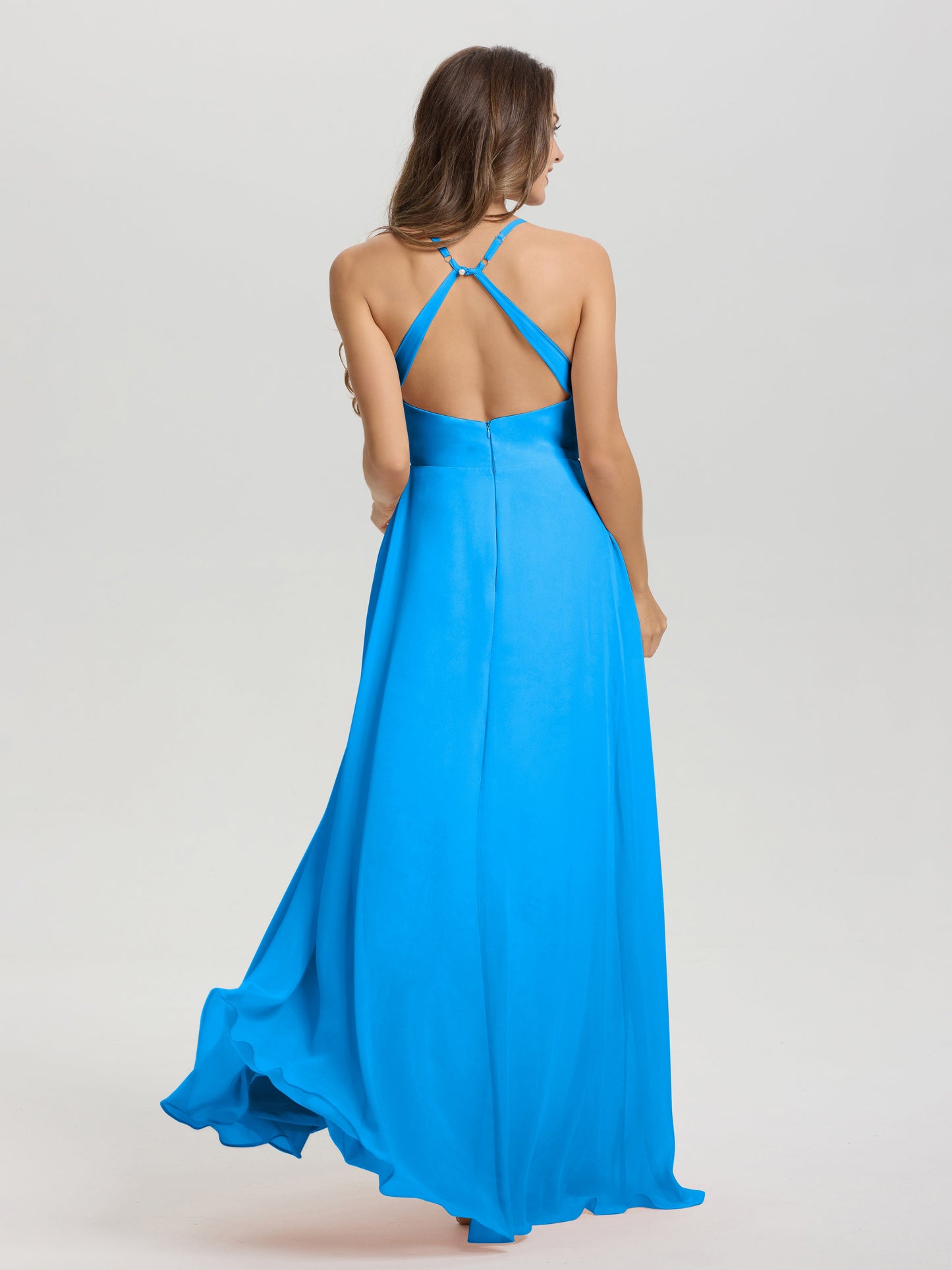 Straps V-Neck Open Back Long Chiffon Formal Bridesmaid Dress