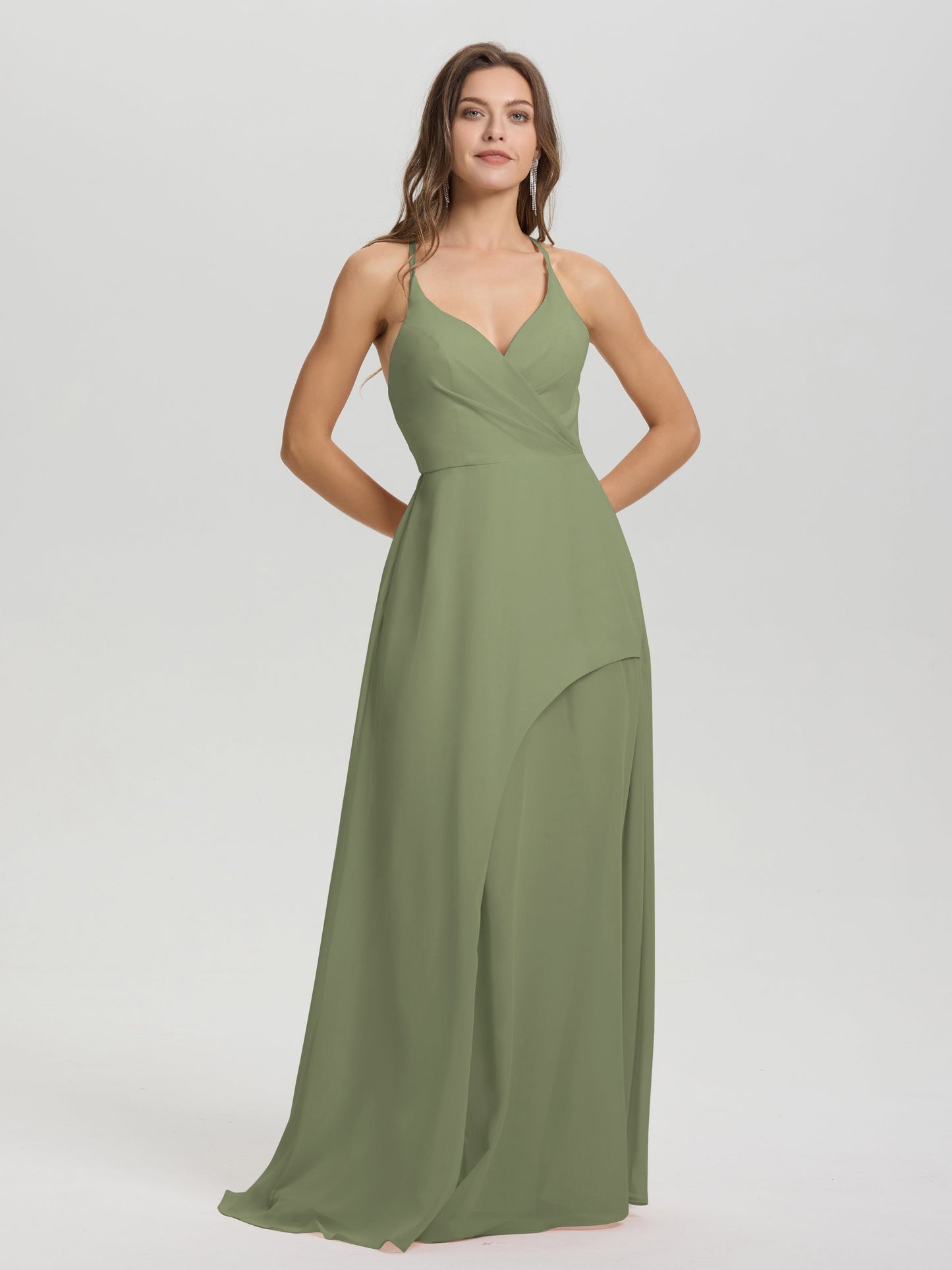 Straps V-Neck Open Back Long Chiffon Formal Bridesmaid Dress