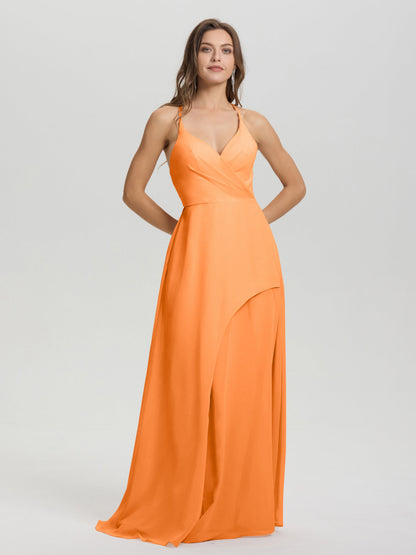 Straps V-Neck Open Back Long Chiffon Formal Bridesmaid Dress