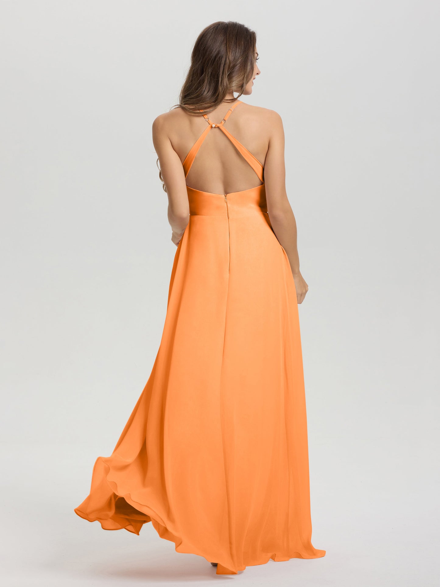 Straps V-Neck Open Back Long Chiffon Formal Bridesmaid Dress