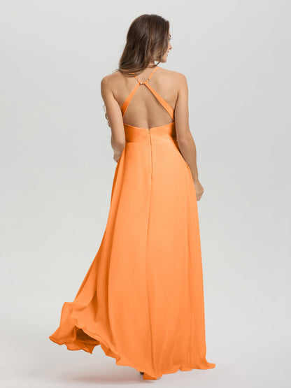 Straps V-Neck Open Back Long Chiffon Formal Bridesmaid Dress
