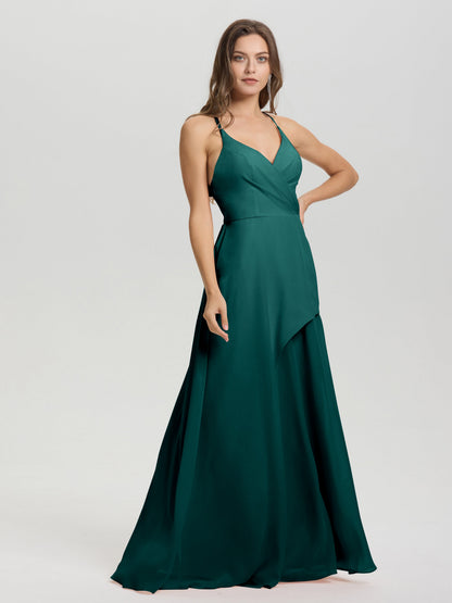 Straps V-Neck Open Back Long Chiffon Formal Bridesmaid Dress