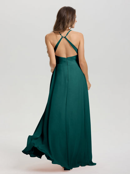 Straps V-Neck Open Back Long Chiffon Formal Bridesmaid Dress