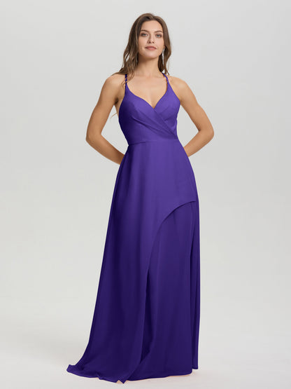 Straps V-Neck Open Back Long Chiffon Formal Bridesmaid Dress