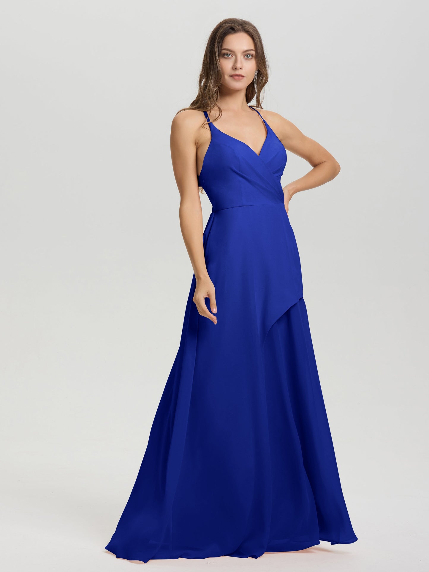 Straps V-Neck Open Back Long Chiffon Formal Bridesmaid Dress