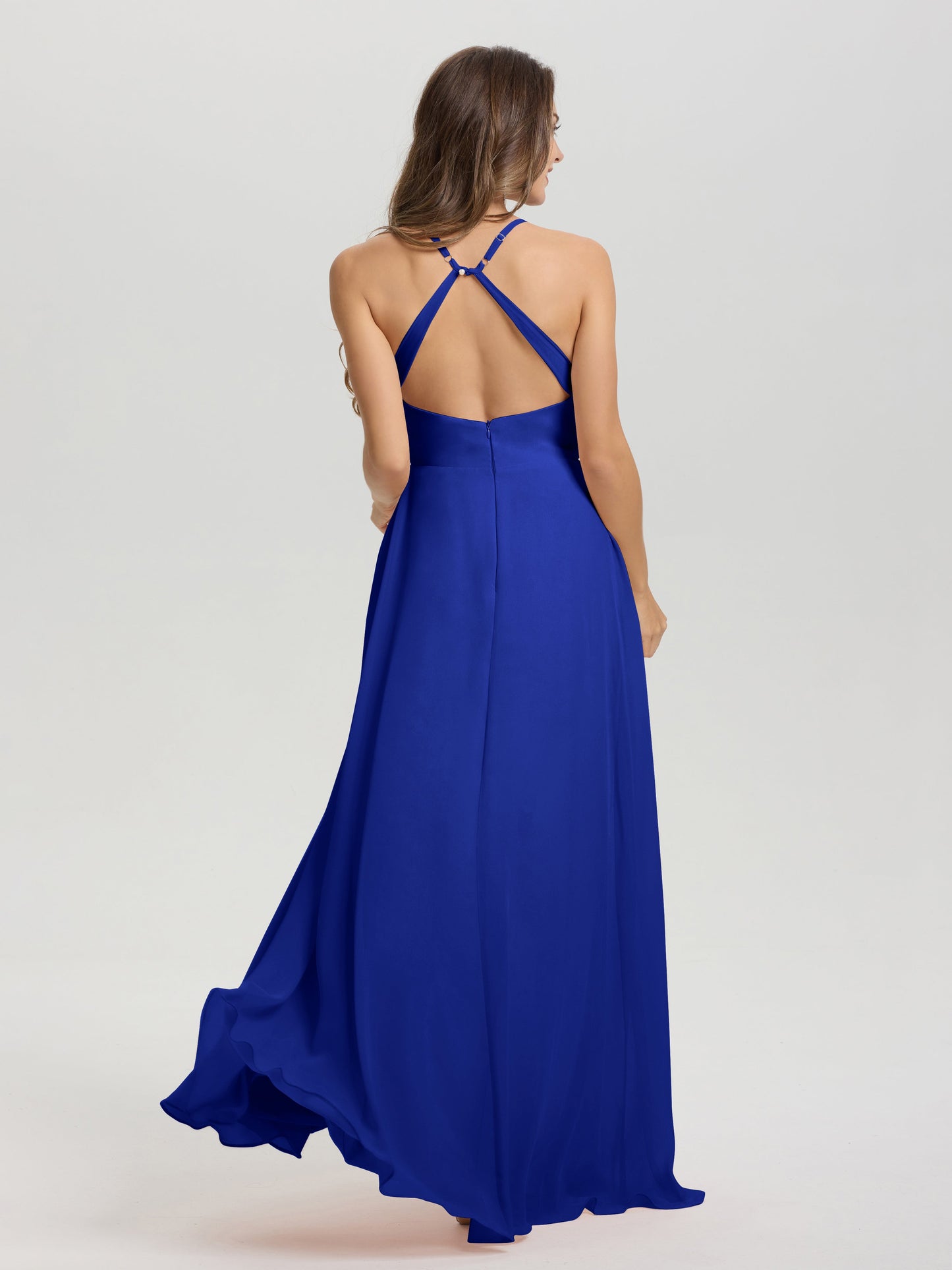 Straps V-Neck Open Back Long Chiffon Formal Bridesmaid Dress