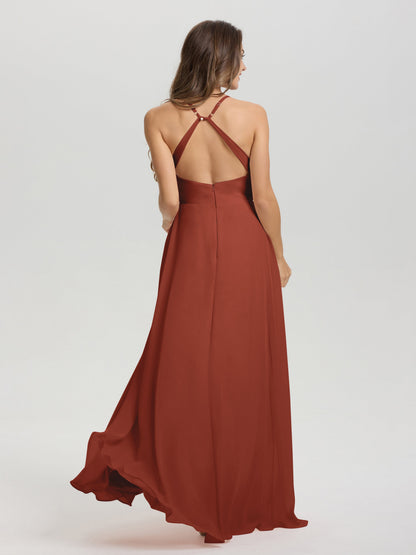 Straps V-Neck Open Back Long Chiffon Formal Bridesmaid Dress
