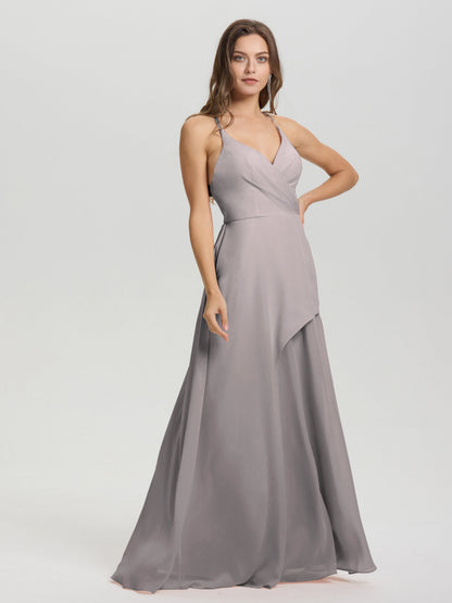 Straps V-Neck Open Back Long Chiffon Formal Bridesmaid Dress