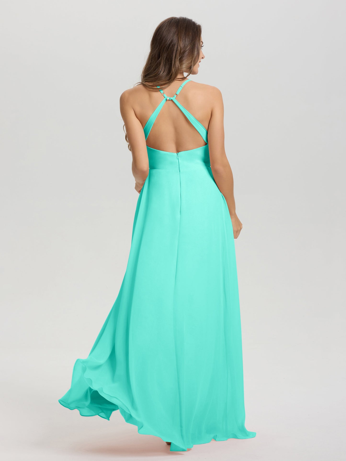 Straps V-Neck Open Back Long Chiffon Formal Bridesmaid Dress