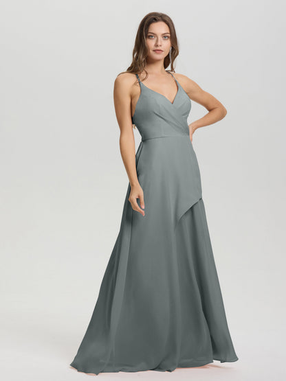 Straps V-Neck Open Back Long Chiffon Formal Bridesmaid Dress