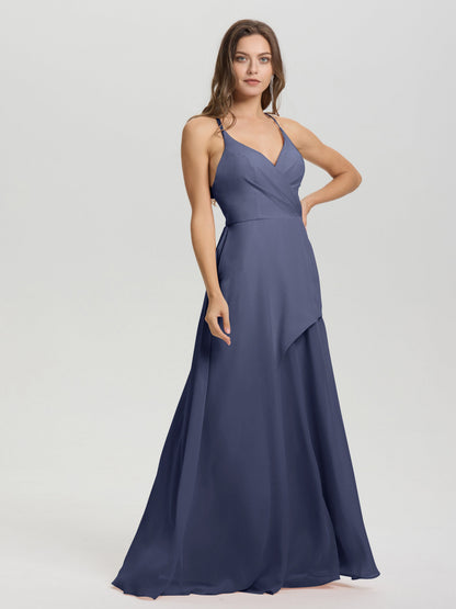Straps V-Neck Open Back Long Chiffon Formal Bridesmaid Dress