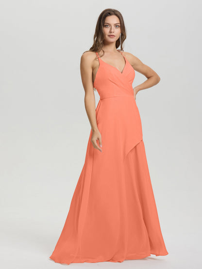 Straps V-Neck Open Back Long Chiffon Formal Bridesmaid Dress