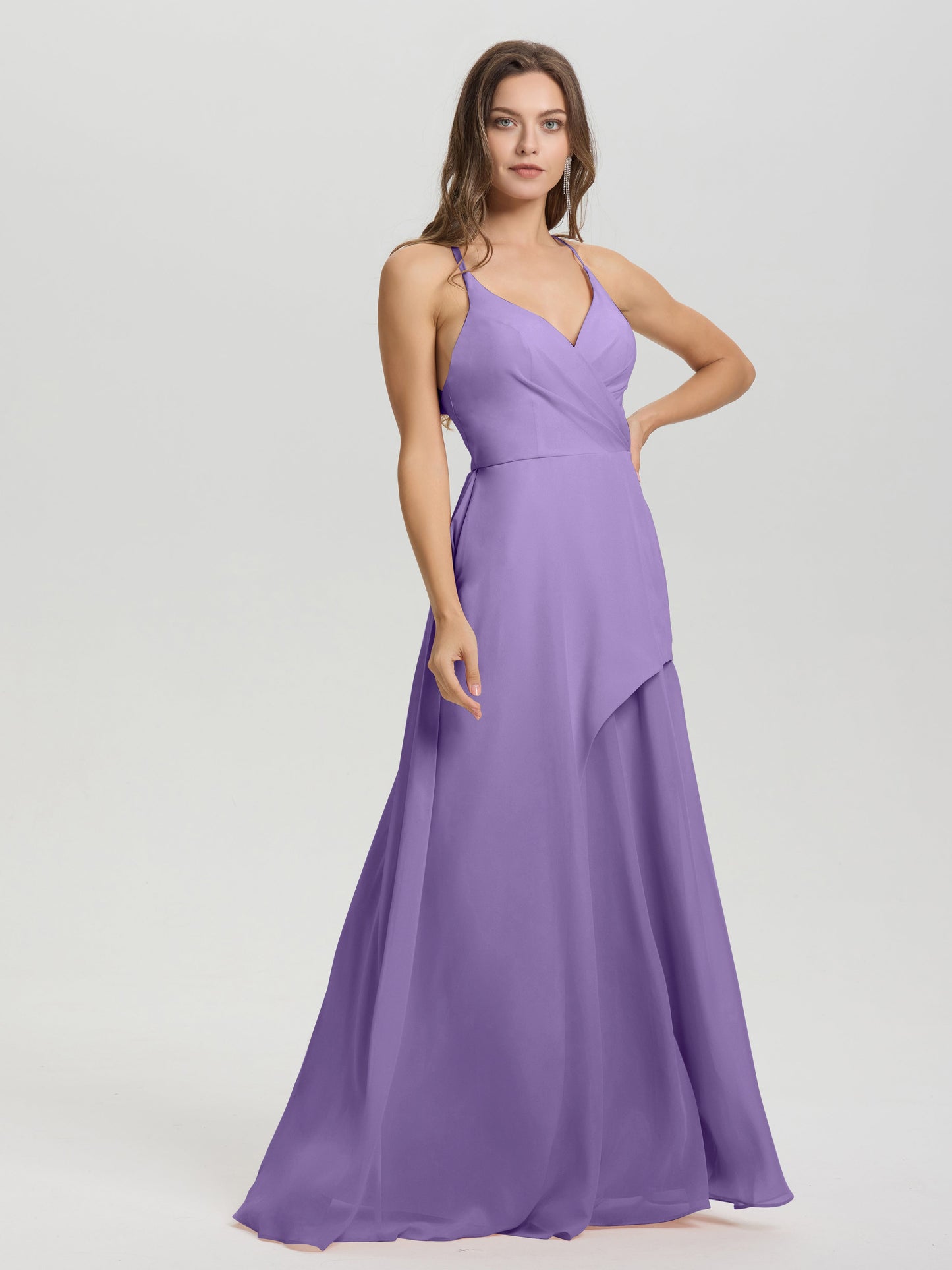 Straps V-Neck Open Back Long Chiffon Formal Bridesmaid Dress