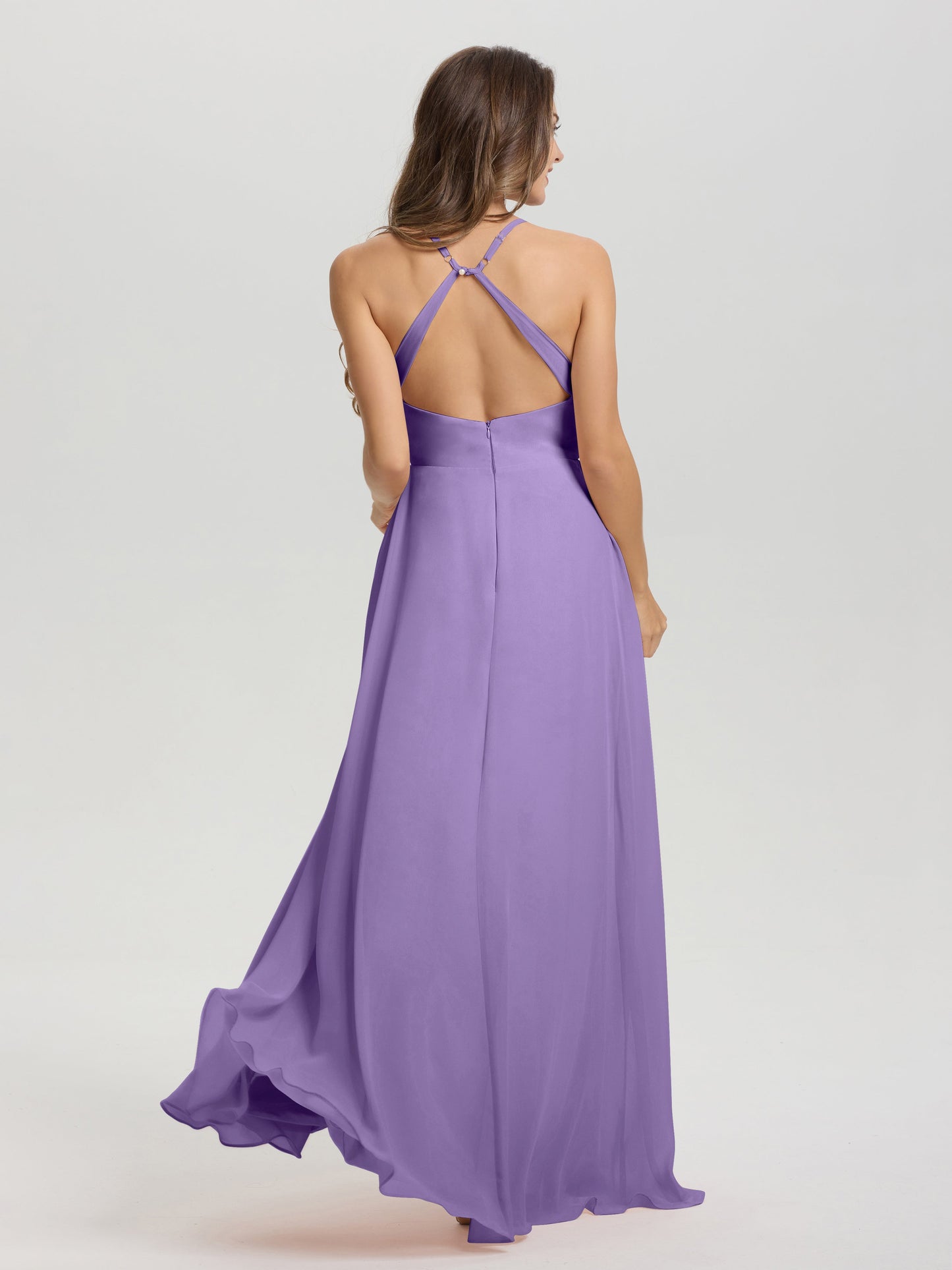 Straps V-Neck Open Back Long Chiffon Formal Bridesmaid Dress
